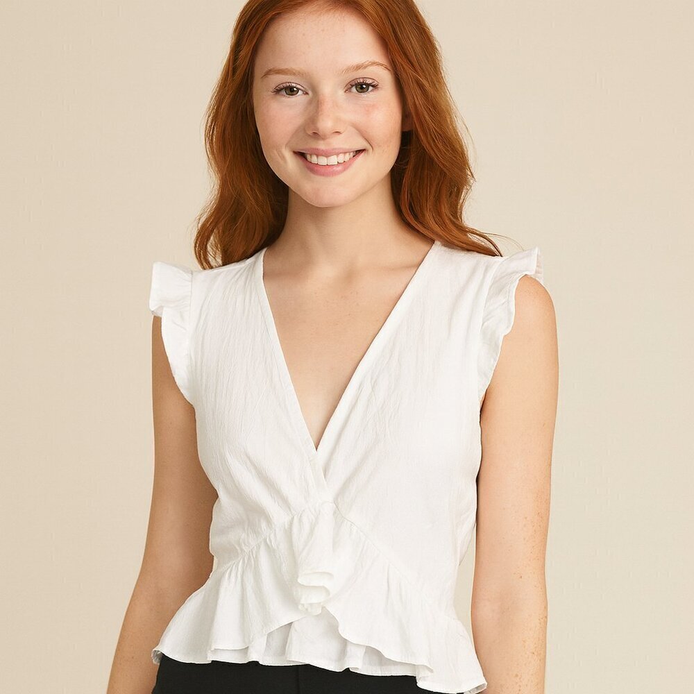 FancyInn White V Neck Flutter Sleeve Blouse Medium